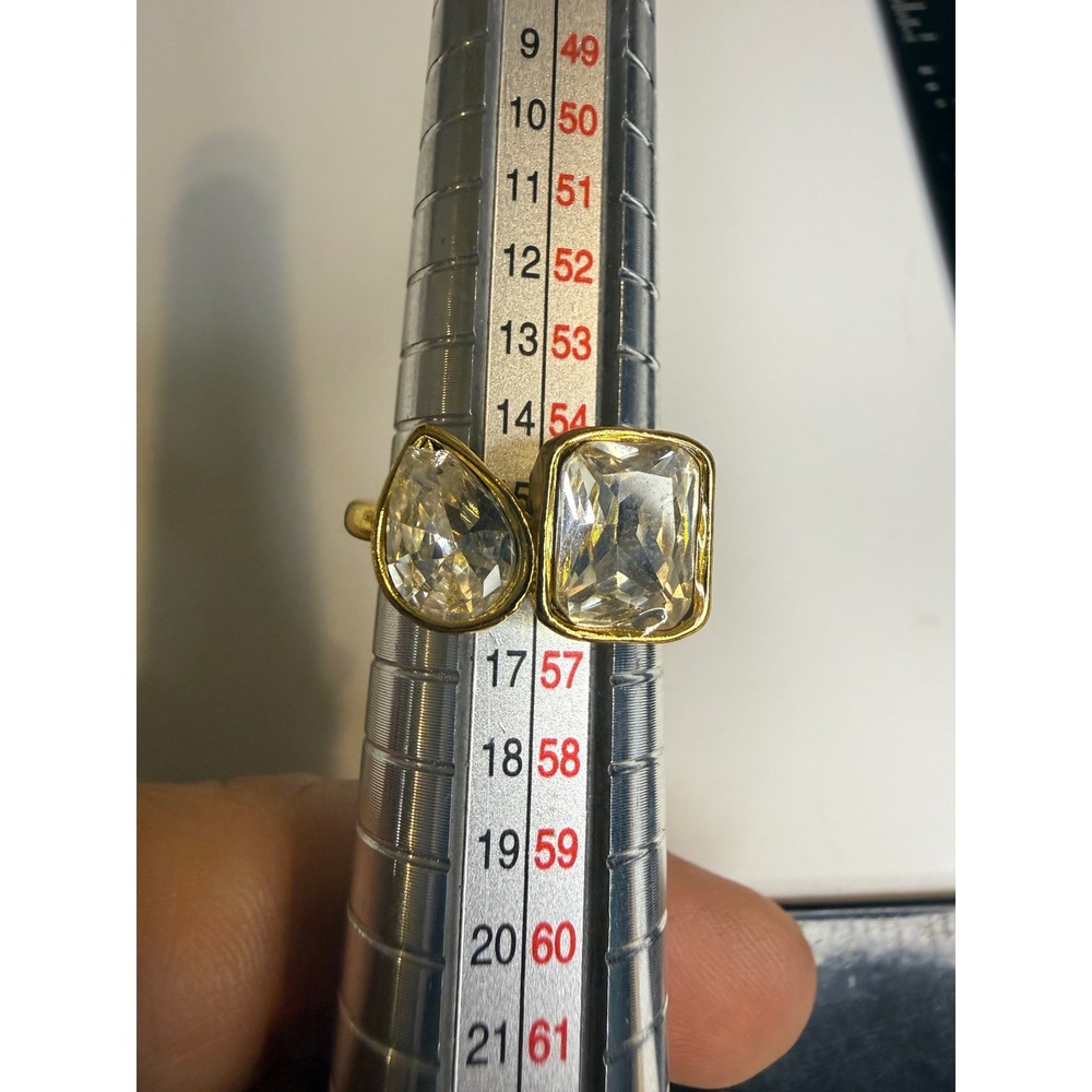 Gold Tone Dual Crystal Statement Ring Emerald and Pear Cut Stones Size 7.25